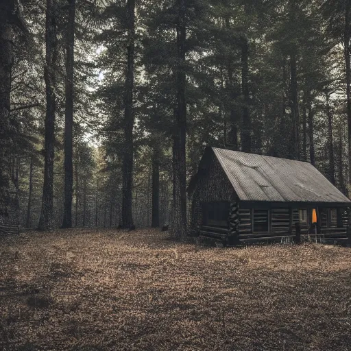 Prompt: a cabin in the middle of a slightly foggy forest, dusk, grainy footage, eerie, camera phone flash, first person