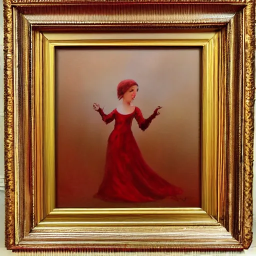 Image similar to a haunting painting in a bright red frame