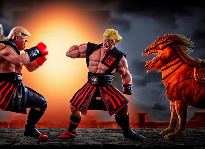 Image similar to 5 5 mm photo of trump fights biden in mortal kombat on the background of an ancient temple with a giant shao kahn laughing. fantasy magic style. highly detailed 8 k. intricate. lifelike. soft light. sony a 7 r iv 5 5 mm. cinematic post - processing