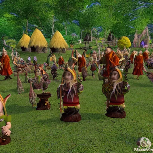 Prompt: a beatiful dwarven festival in a fertile green park with surreal elven nature, lots of gnome children, a gnome rock band concert and dwarven BBQ