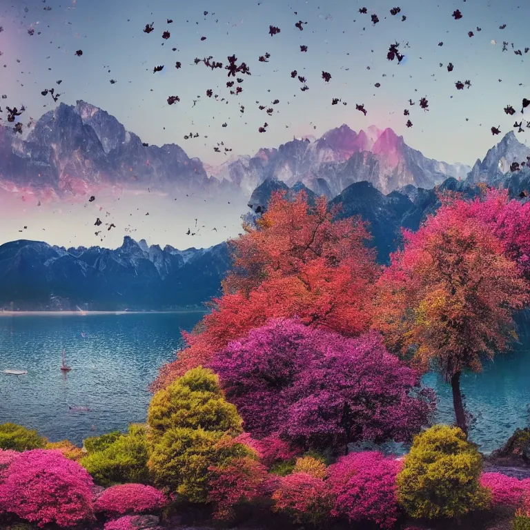 Image similar to a beautiful awesome artistic tree with falling flowers like leaves and many birds, all in the amazing outdoors view, mountain in the background, lake, long exposure, 8 k resolution, trending on artstation