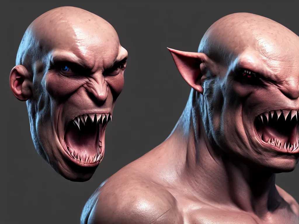 Image similar to game concept art, muscular, lice head, chiroptera head, chiroptera ears, shark teeth, hyperrealism, artstation, cgsociety, zbrush, no background