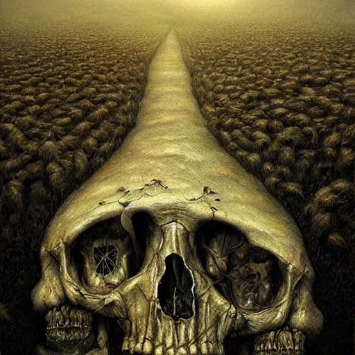 Image similar to a hyperrealistic painting of a psychedelic landscape, structures made of human skulls, by anton semenov and santiago caruso, highly detailed, vivid color,