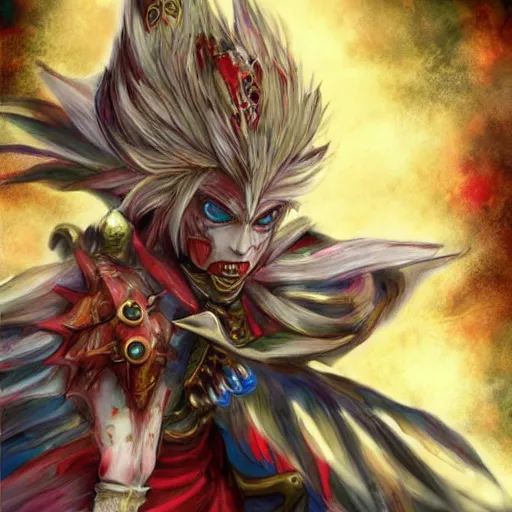 Image similar to kefka final fantasy 6 in the art style of breath of the wild and yoshitaka amano, grimdark dramatic lighting, digital art, intricate, highly detailed, matte painting, fine art