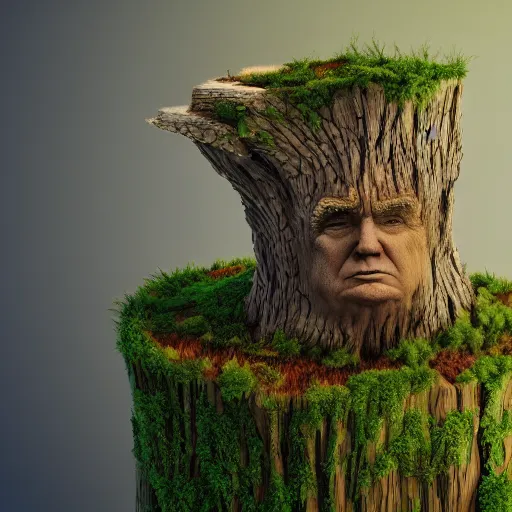 Image similar to donald trump is fused into a tree stump, hyperdetailed, artstation, cgsociety, 8 k