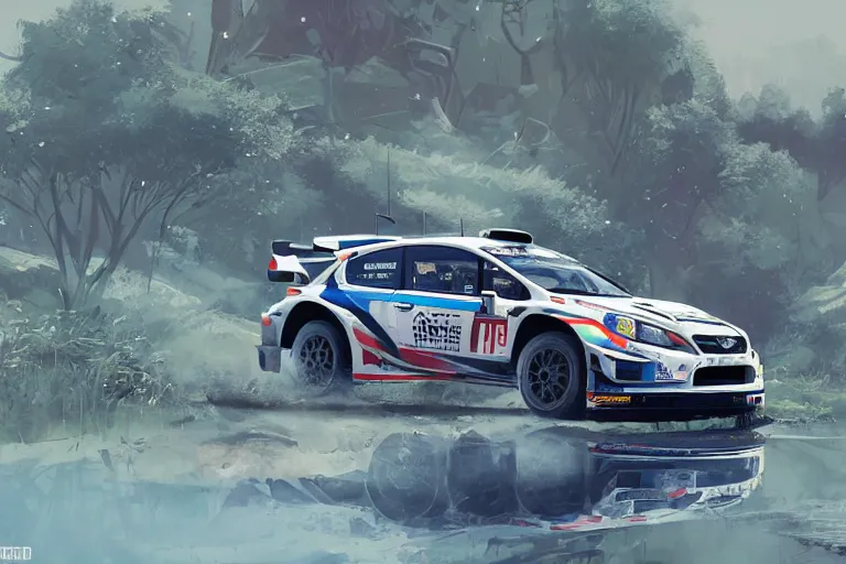 Prompt: wrc subaru rally car, forza, trending on artstation, higly detailed, ( higly detailed ), styleframe, crowned, by rhads, makoto shinkai and lois van baarle, by feng zhu and loish and laurie greasley, wlop