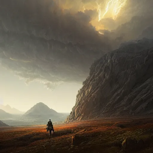 Image similar to a beautiful stunning insanely detailed complex matte painting of a robot wanderer looking at a tornado in the distance, mountains, epic scale, vast, by Greg Rutkowski, artstation