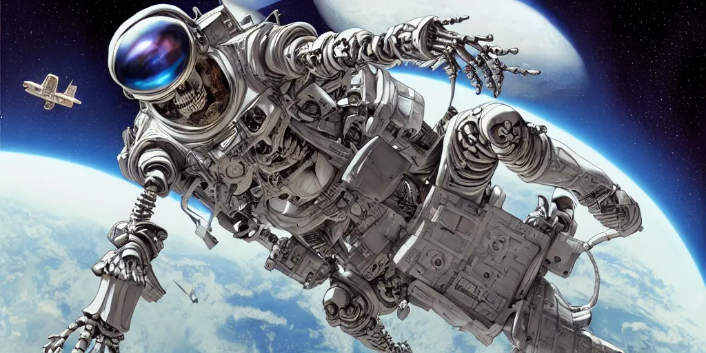 Prompt: a cyborg skeleton astronaut floating in a space shuttle by Mark Brooks, highly detailed, trending on artstation
