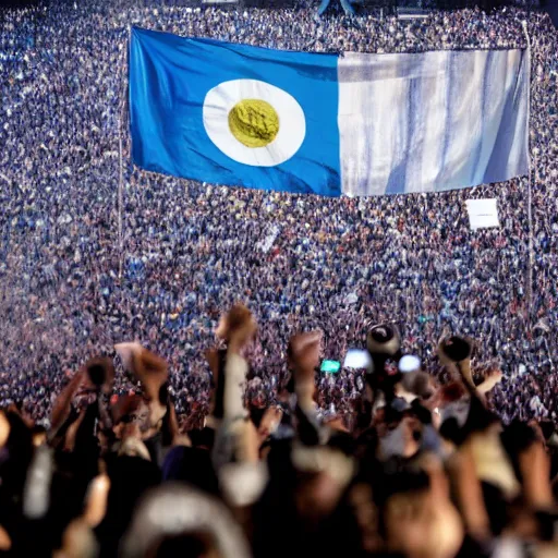 Image similar to Lady Gaga as president, Argentina presidential rally, Argentine flags behind, bokeh, giving a speech, detailed face, Argentina