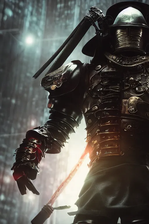 Image similar to magical realism cyberpunk samurai warrior, helmet, armour, ultradetailed, volumetric lighting, 4k UHD.