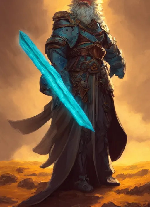 Image similar to Middle-aged paladin with a glowing teal halberd, Glowing white eyes, shaggy hair, sad, scruffy beard, dungeons and dragons portrait, highly detailed, digital painting, artstation, concept art, sharp focus, illustration, art by artgerm and greg rutkowski and alphonse mucha, Unreal Engine, 8k, HD