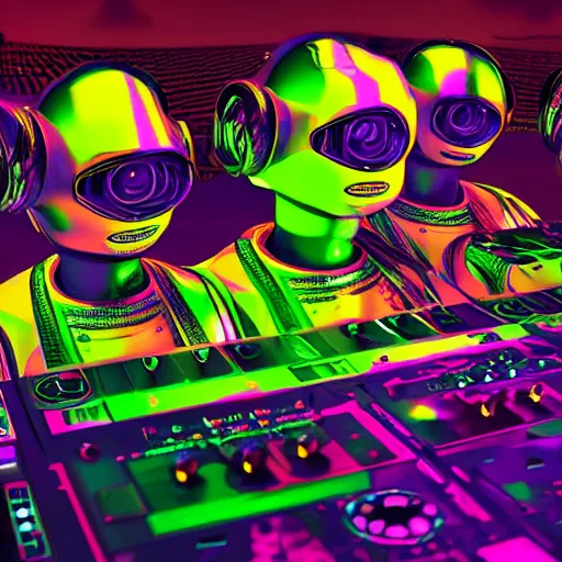 Prompt: album art, the band is called roborock, 3 dieselpunk robot heads with robot arms on a dj desk with a cd mixer, 8 k, fluorescent colors, halluzinogenic, multicolored, exaggerated detailed, front shot, 3 d render, octane