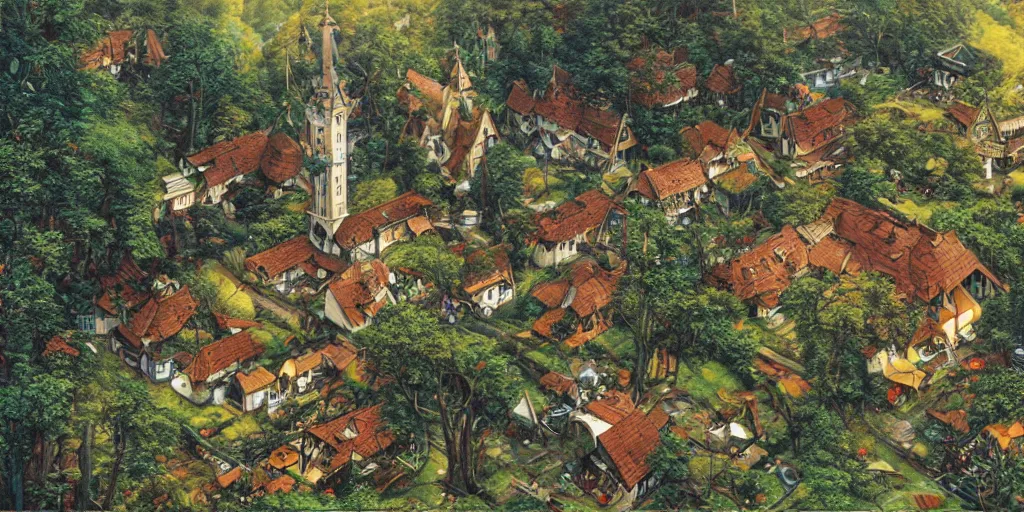 Prompt: isometric view of a small German village amidst a lush forest, by Ayami Kojima, Amano, Karol Bak, Greg Hildebrandt, and Mark Brooks, masterpiece