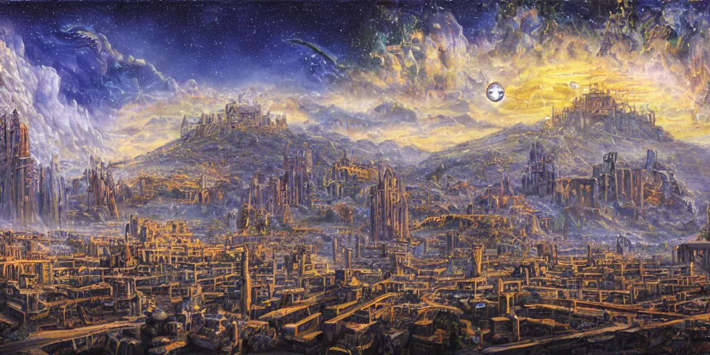 Image similar to fantasy oil painting, gleaming silver mega structure city, antep, argos, indore, kailasa, ellora, hybrid, looming, small buildings, warm lighting, street view, overlooking, epic, interstellar space port launching dock, distant mountains, bright clouds, luminous sky, cinematic lighting, michael cheval, david palladini, oil painting, natural tpose