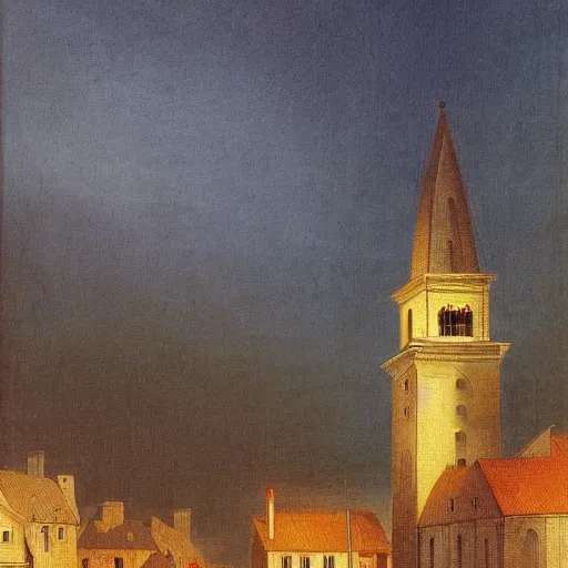 Image similar to city, church, night, dramatic light, oil painting, by caspar david friedrich