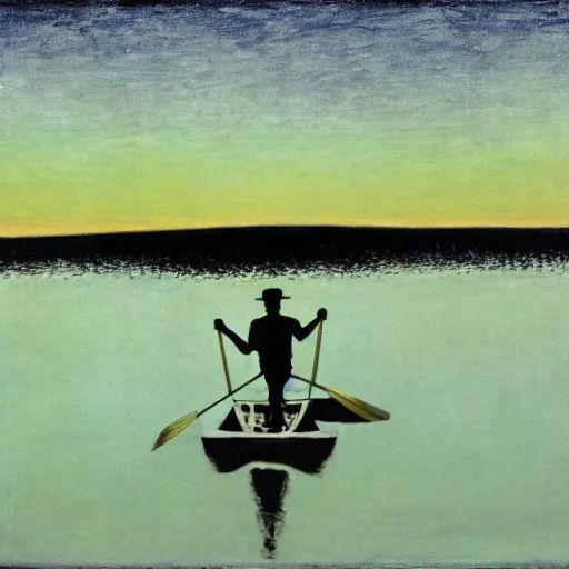 Image similar to silhouette of a man standing in a rowboat, lake, whisps of fog, moonlit night, by peter doig