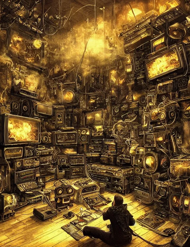 Prompt: “Artstation. A room full of electronic steampunk equipment with wires and tv screens and audio meters and voltage meters. A bright explosion and fire and smoke is coming out of a computer monitor. Man is sitting and watching it. Dark, intricate, highly detailed, smooth, in style of Mike Savad”