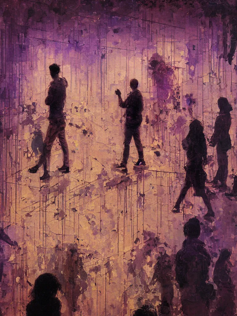 Prompt: a beautiful glitched painting by robert proch of people looking at an anatomy study of the human nervous system in a museum gallery, color bleeding, pixel sorting, copper oxide and rust materials, brushstrokes by jeremy mann, cold top lighting, textured palette knife pastel purple background