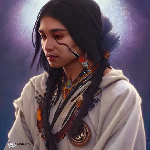 Prompt: A native american Ruler, facial tattoos, techwear, artists portrait, futuristic, fantasy, highly detailed, digital painting, concept art, sharp focus, depth of field blur, illustration, art by artgerm and greg rutkowski and alphonse mucha