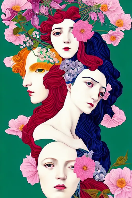 Image similar to 3 Spring Muses symbolically representing March, April, and May, in a style blending Æon Flux, Peter Chung, Shepard Fairey, Botticelli, Ivan Bolivian, and John Singer Sargent, inspired by pre-raphaelite paintings, shoujo manga, and cool Japanese street fashion, dramatically blossoming flora and fauna, petals falling everywhere, pastel vivid triad colors, hyper detailed, super fine inking lines, ethereal and otherworldly, 4K extremely photorealistic, Arnold render