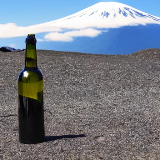 Image similar to symmetrical photo of small bottle standing, volcano background