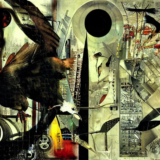 Image similar to a mechanical bird wanders between the virtual realms of urban informatics and computational social science, collage artwork by dave mckean and ivan shishkin and roberto matta