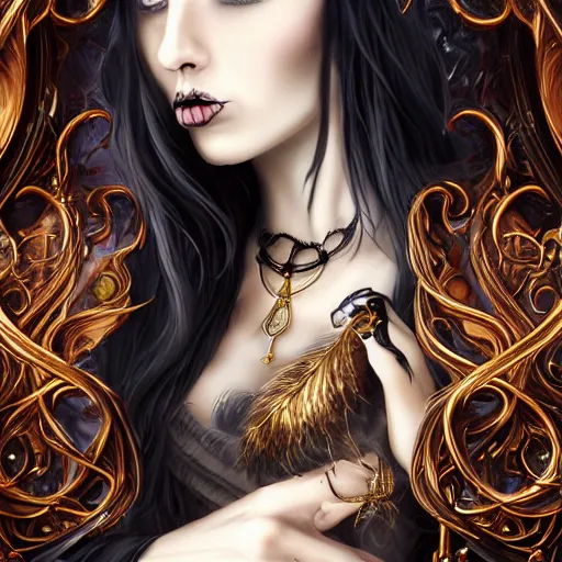 Prompt: a gothic sorceress, long black hair, golden eyes, digital art, highly detailed, high resolution, award winning