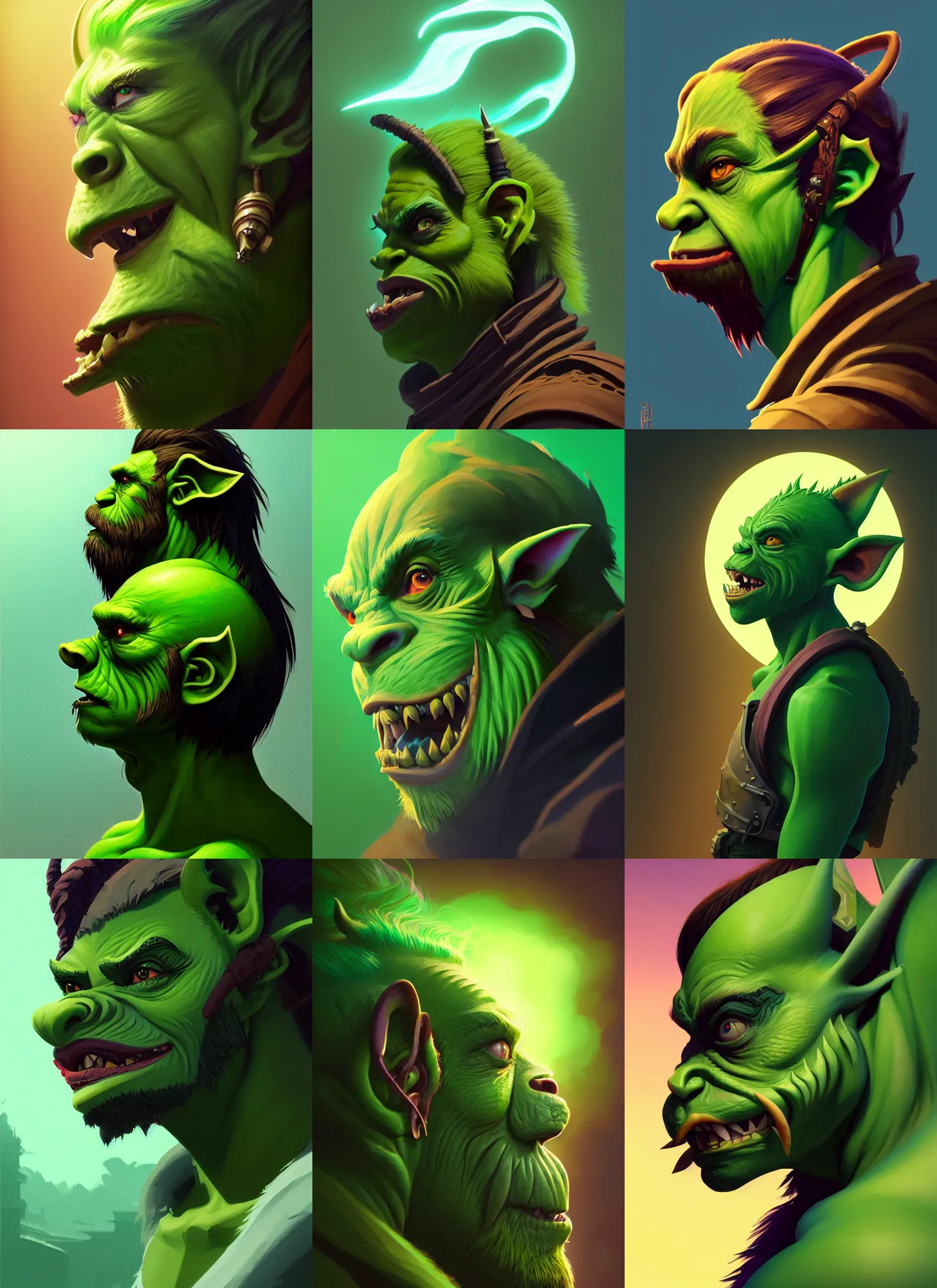 Prompt: side profile centered painted portrait, green male gremlin orc rogue, long ears, D&D, Gloomhaven, matte painting concept art, art nouveau, beautifully backlit, swirly vibrant color lines, fantastically gaudy, aesthetic octane render, 8K HD Resolution, by ilya kuvshinov and Cushart Krentz and Gilleard James