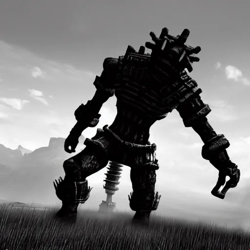 Prompt: shadow of the colossus, spider colossus, black and white image, rusty, grey, bad quality