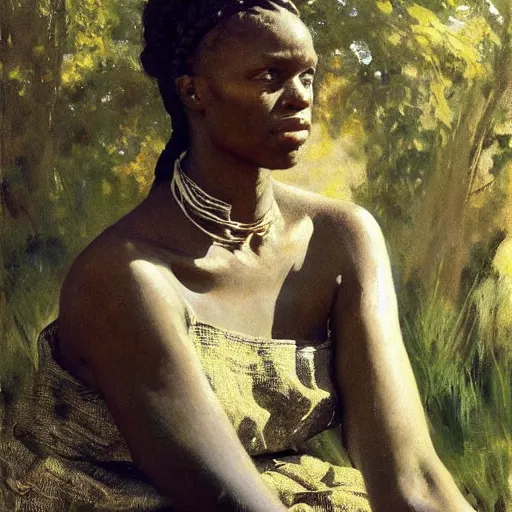 Prompt: A stunning masterful portrait of a striking African woman with braided hair by Andrew Wyeth, John Singer Sargent, and Norman Rockwell, natural light, oil painting