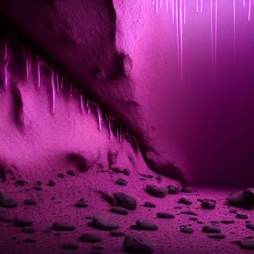 Image similar to purple fluid dripping down black spikes in a dark cave with a single lit torch, cinematic lighting, 8k render, ultra HD,