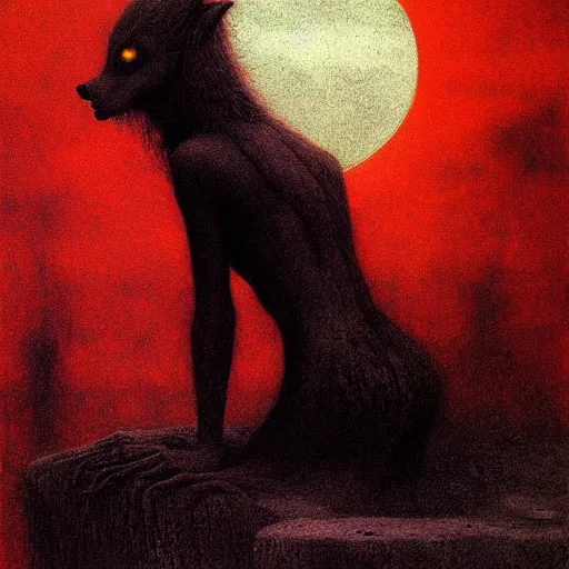 Prompt: werewolf girl with black wings by Beksinski