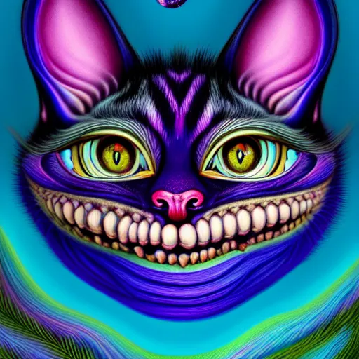 Prompt: An extremely psychedelic portrait of Cheshire Cat, surreal, LSD, face, detailed, intricate, elegant, lithe, highly detailed, digital painting, artstation, concept art, smooth, sharp focus, illustration