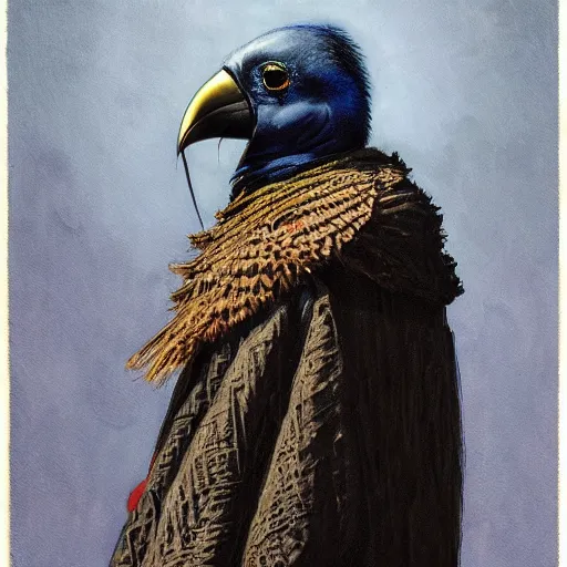 Prompt: indigo dyed armored kenku, artistically anthropomorphic black bird head. cloaked hood down, science fiction, portrait by donato giancola and greg rutkowski and wayne barlow. top all time r / imaginarycyberpunk.