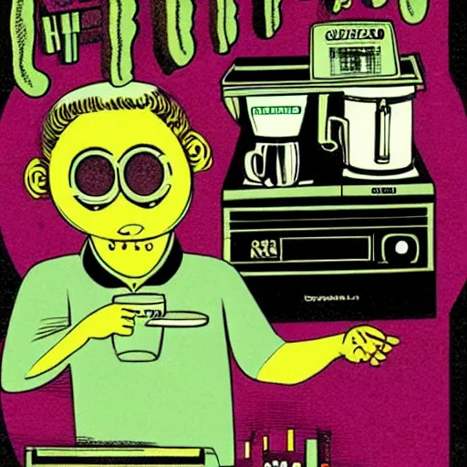 Prompt: vhs cover, 1 9 8 3, horror, coffee shop, espresso machine, barista with no eyes, designed by charles burns