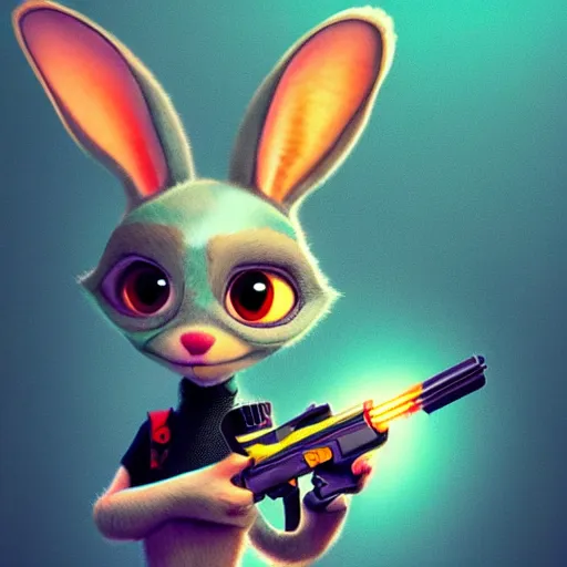 Prompt: super cute cyberpunk bunny, holding a gun, pixar, zootopia, cgi, trending on artstation