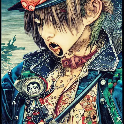 Image similar to portrait of crazy pirate with patch on one eye, symmetrical, by yoichi hatakenaka, masamune shirow, josan gonzales and dan mumford, ayami kojima, takato yamamoto, barclay shaw, karol bak, yukito kishiro