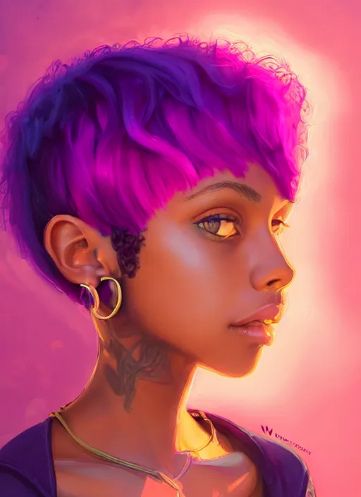 Image similar to portrait of teenage vanessa morgan with bright pink hair, black girl, curly pixie cut hair, wearing a purple breton cap, breton cap, hoop earrings, intricate, elegant, glowing lights, highly detailed, digital painting, artstation, concept art, smooth, sharp focus, illustration, art by wlop, mars ravelo and greg rutkowski