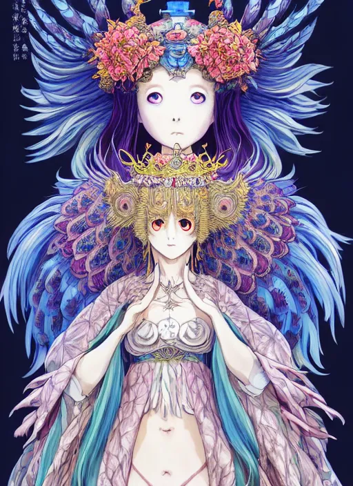 Prompt: goddess of the owls in feathered robe, humanoid, forest ritual, throne, concept art, masakazu katsura,jean giraud, Kyoto animation,last exile, blue submarine no. 6,loish, murata range, kawaii, yoshitaka amano, studio lighting, manga, bright colors, beautiful, 28mm lens, vibrant high contrast, gradation, fantasy, rule of thirds, fibonacci, intricate, detailed, flat, matte print, sharp, Ilya Kuvshinov