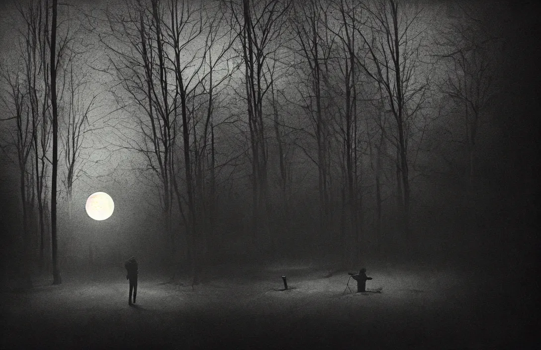 Prompt: virtuoso painting moon visible through the trees fine art radiating line compositions intact flawless ambrotype from 4 k criterion collection remastered cinematography gory horror film, ominous lighting, evil theme wow photo realistic postprocessing vertiginous render by gregory crewdson