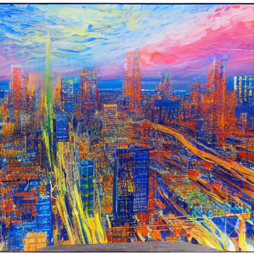 Image similar to Hyperrealistic intensely colored studio Photograph portrait of a Godzilla terrorizing Omaha skyline long exposure, award-winning nature expressionistic impasto oil painting by Fabian Marcaccio and Jean Dubuffet and Audubon vivid colors hyperrealism 8k