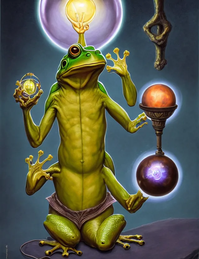Prompt: anthropomorphic bipedal frog that is dressed as a medieval librarian, while holding a glowing magic orb, as a matte oil painting and d & d character art, by alex grey, standing, fullbody, books, pages, concept art, award - winning, extremely detailed, sharp focus