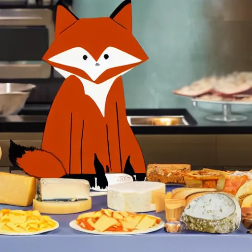 Prompt: cartoon fox animal stood next to a buffet of cheese