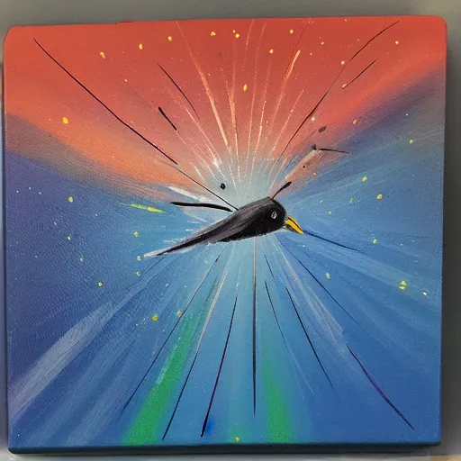 Prompt: paint acrylic a bird fly in the sky in the night over a town