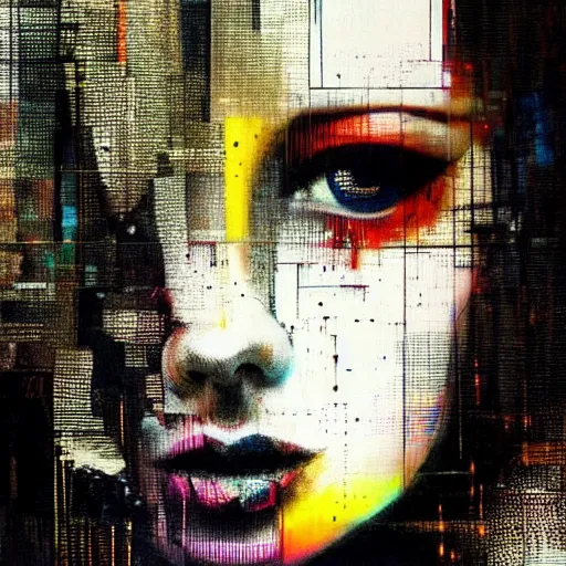 Prompt: portrait of a hooded beautiful women, mysterious, glitch effects over the eyes, shadows, by Guy Denning, by Johannes Itten, by Russ Mills, centered, glitch art, innocent, hacking effects, chromatic, cyberpunk, color blocking, oil on canvas, concept art, abstract