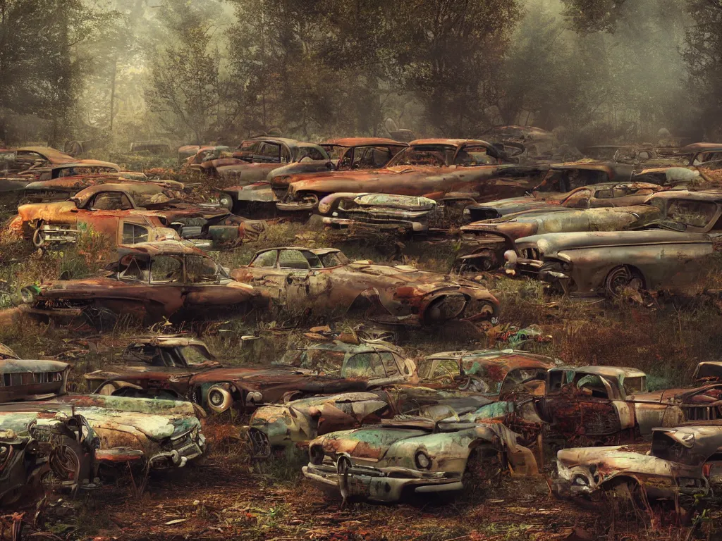 Image similar to an abandoned junkyard in a forrest full of rusty dream cars from the fifties by raymond swanland, 1 6 mm wideangle lens, volumetric lighting, octane render, artstation