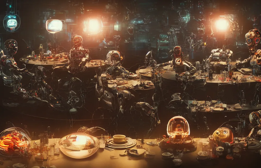 Prompt: mirta legrand's heads floating in a fishbowl with cybernetic tubes in a robot body sitting at the table having lunch with cyborgs in the apocalypse. cyberpunk movie, octane render