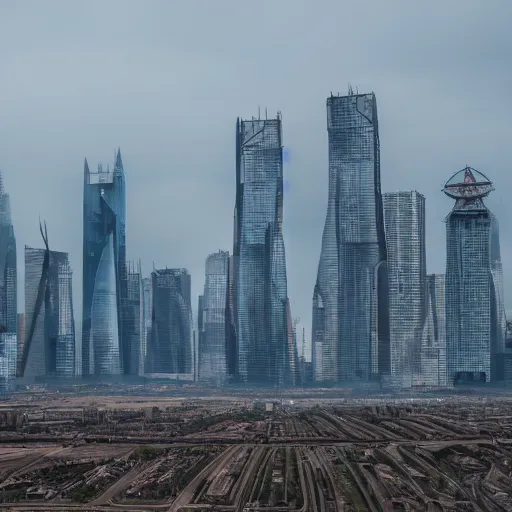 Prompt: Giant futuristic megacity towering across the landscape, post apocalyptic, EOS-1D, f/16, ISO 200, 1/160s, 8K, unedited, symmetrical balance, in-frame