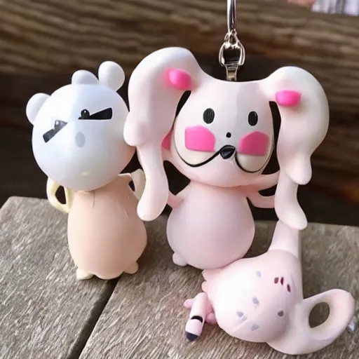 Image similar to some cute plastic toys that look like animal characters hanging from a backpack on a keychain, white, cream, and light pink