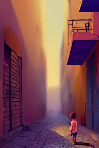 Image similar to alley in a big african city, a lonely kid, summer, david febland, artstation, matte painting